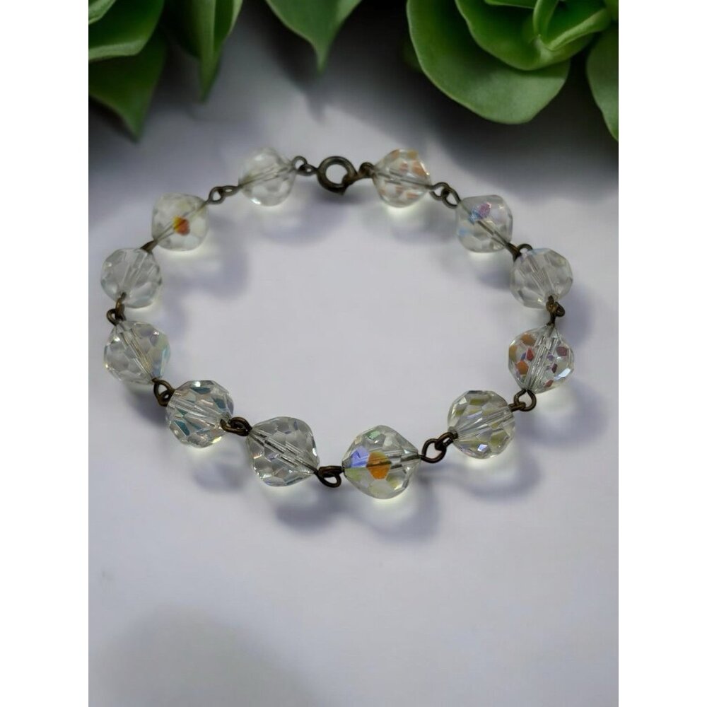 VTG AB Bracelet Icy Clear Aurora Borealis Faceted Crystal Beads Single Strand
